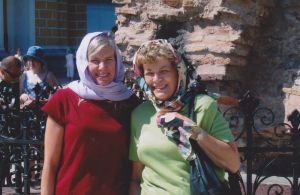 Finding my moment with my mom while we wait in head scarves to enter a Ukrainian Orthodox church in Kiev. 