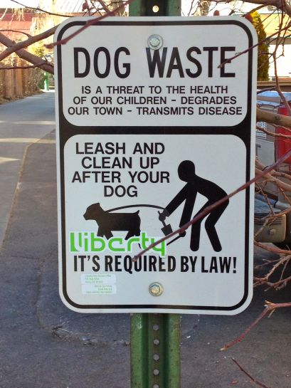 It's interesting that someone tagged this sign with a "Liberty" sticker right underneath the dog. 