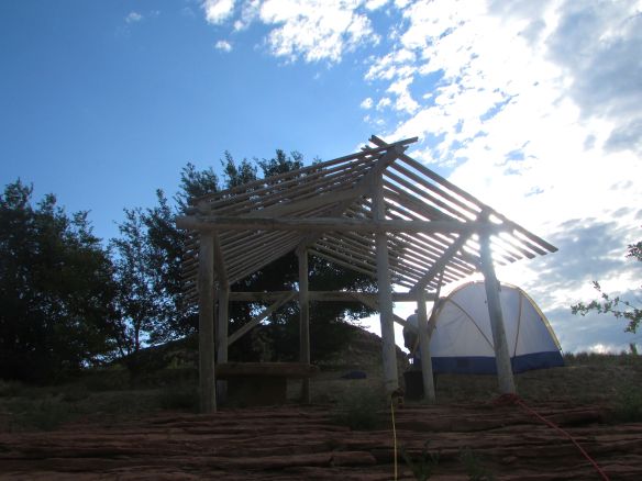 Our unapproved tent behind the pergola on private property near Dominguez Canon, Colorado