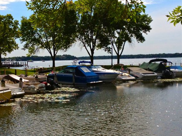 Boats parked in a cove off Wayzata Bay on Lake Minnetonka.