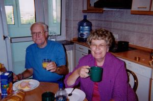 Ed and Judy at breakfast, enjoying a delicious spread, including Nescafé. 