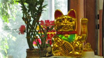Maneki-neko beckons us over. 