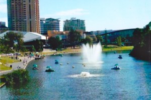 The Torrens River running well through the city of Adelaide.